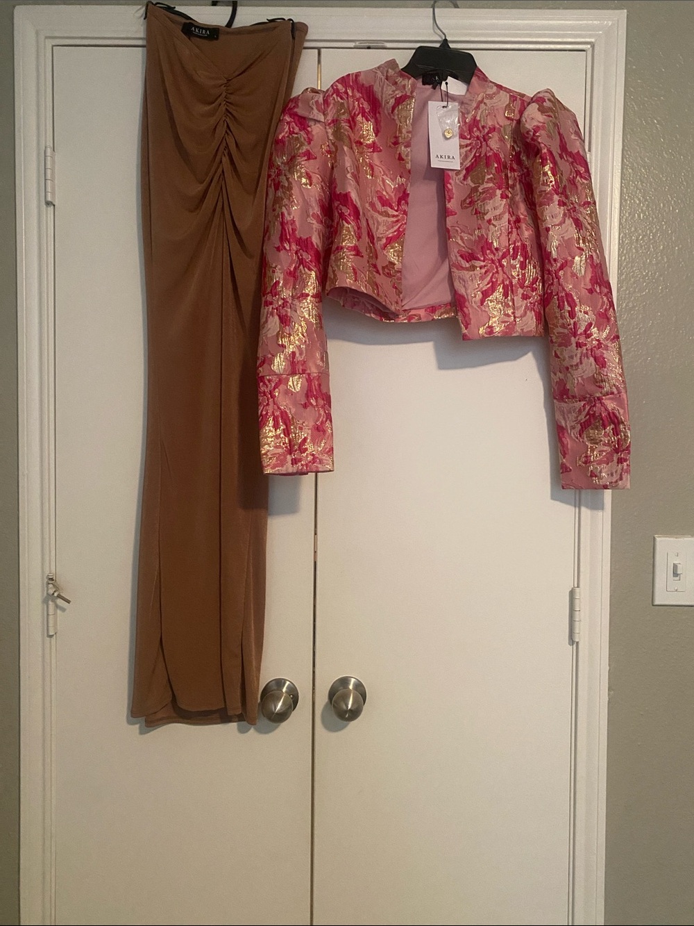 AKIRA Pink Floral Brocade Jacket & Brown Ruched Maxi Skirt Set